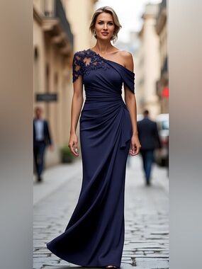 Elegant One-Shoulder Navy Blue Evening Chiffon Gown Sz 14